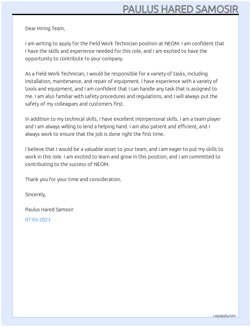 Field Work Technician At NEOM Cover Letter
