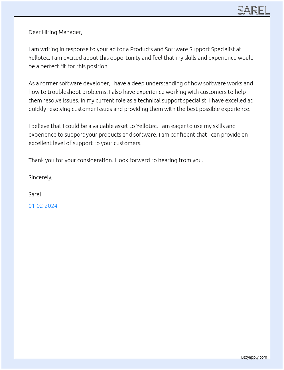 Products and Software Support At Yellotec Cover Letter
