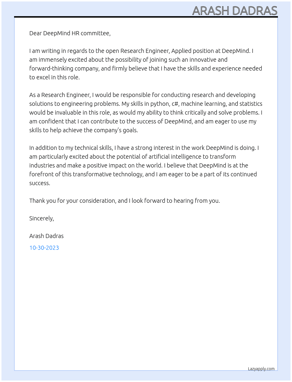 Research Engineer, Applied At DeepMind Cover Letter