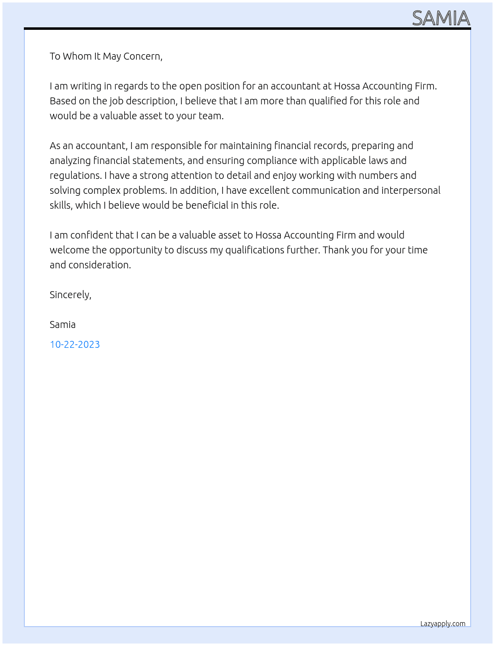 Accountant At Hossa Accounting Firm Cover Letter