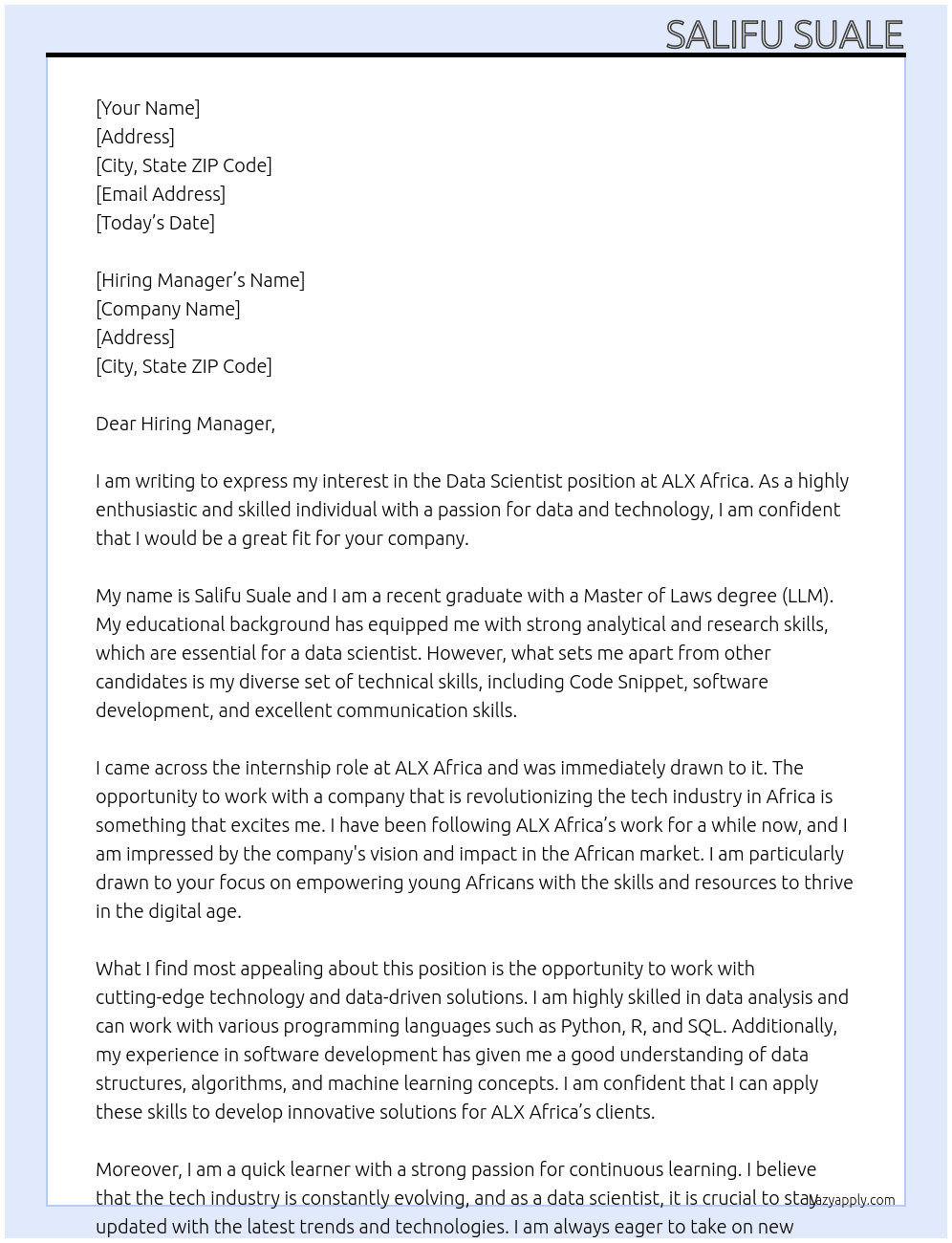 Data scientist  At ALX Africa Cover Letter