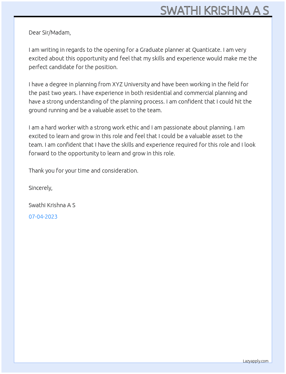 Graduate planner  At Quanticate Cover Letter