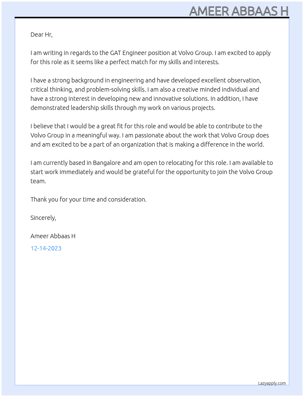 GAT - Engineer At Volvo Group  Cover Letter