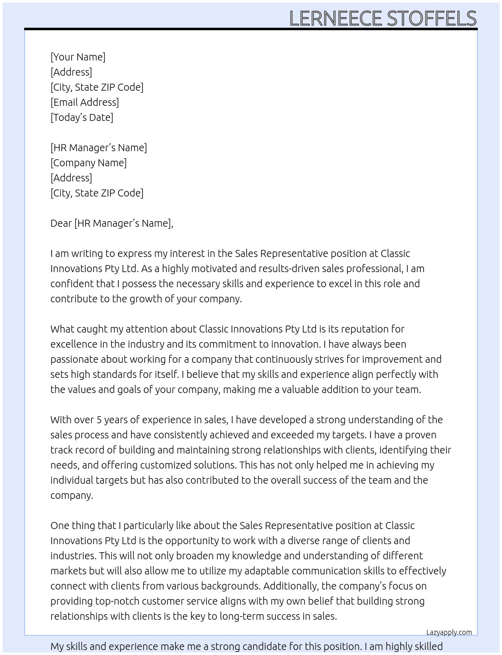 Sales representative At Classic innovations Pty Ltd Cover Letter