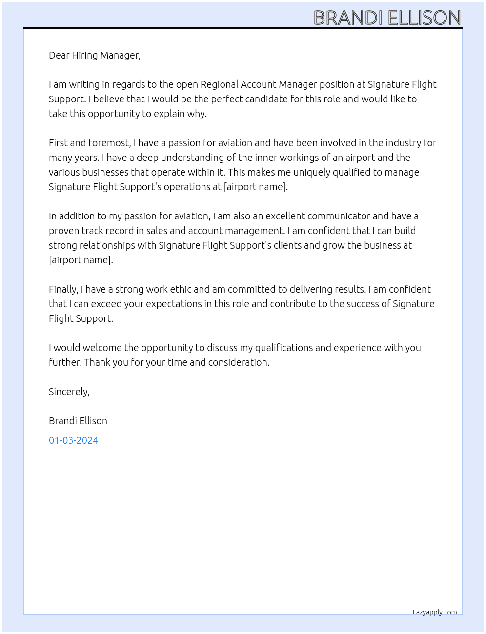Regional Account Manager At Signature Flight Support Cover Letter