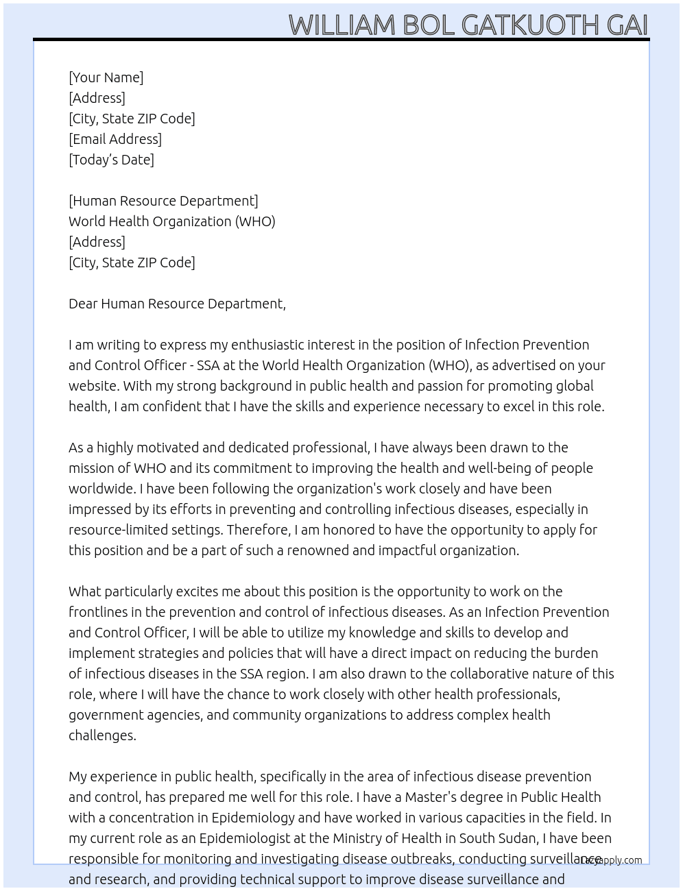 Infection Prevention and Control Officer - SSA At World Health Organization (WHO) Cover Letter