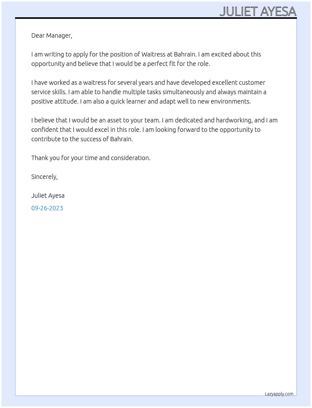Waitress  At Bahrain  Cover Letter