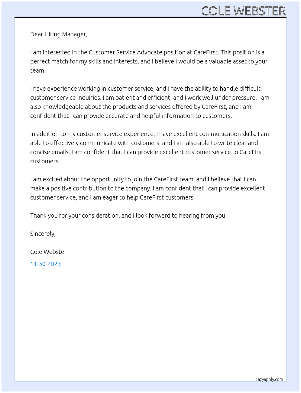 Customer Service Advocate At CareFirst Cover Letter