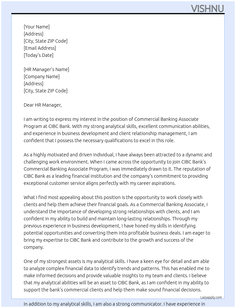 Commercial Banking Associate Program At CIBC Bank Cover Letter