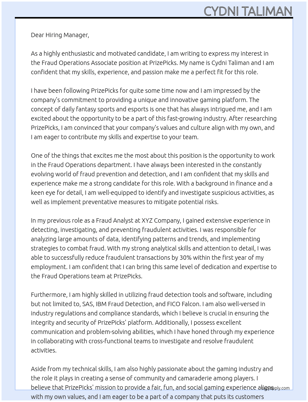 Fraud Operations Associate At PrizePicks Cover Letter