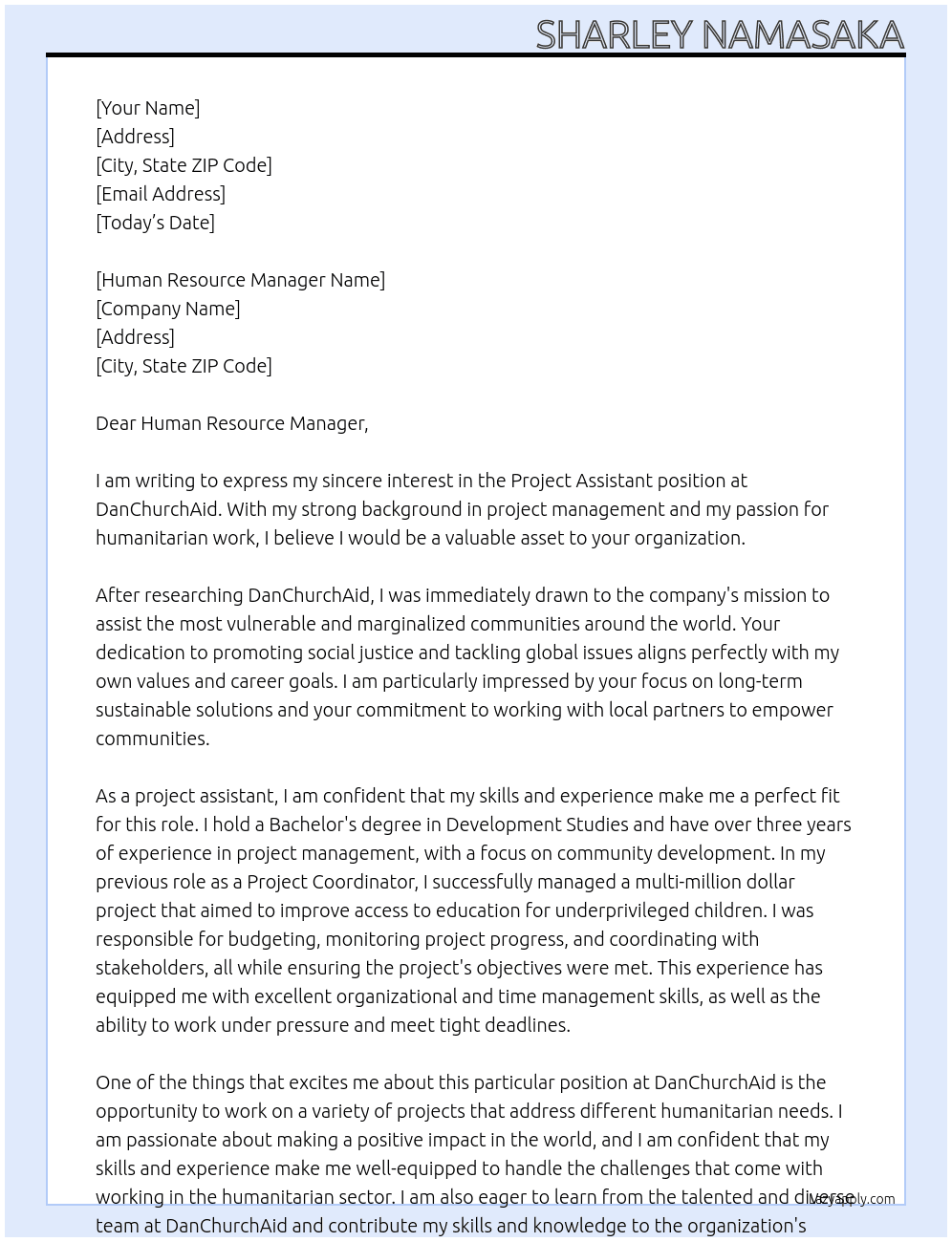Project Assistant  At DanChurchAid Cover Letter