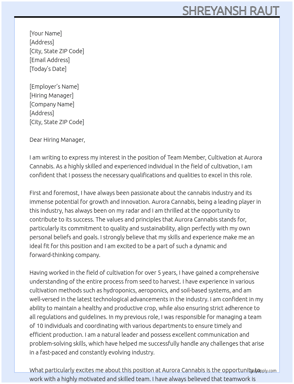 Team Member, Cultivation At Aurora Cannabis Cover Letter