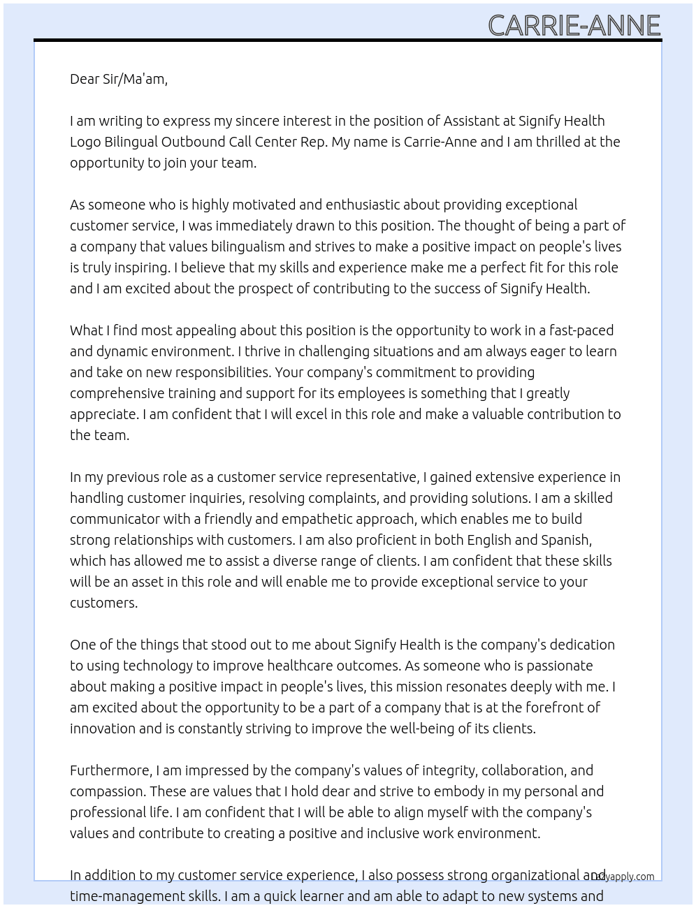 Assistant  At Signify Health Logo Bilingual Outbound Call Center Rep Cover Letter