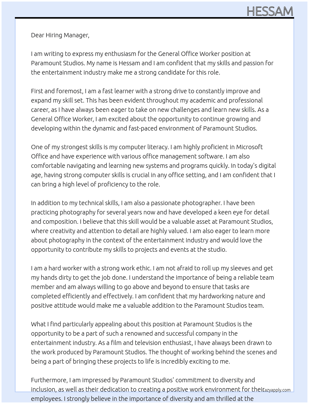 general office worker At Paramount Studios Cover Letter