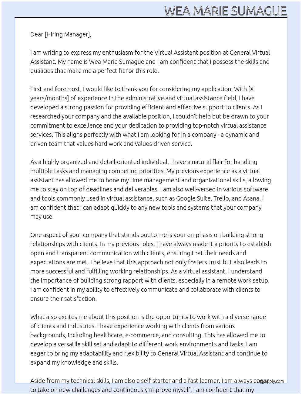 Virtual Assistant At General Virtual Assistant Cover Letter
