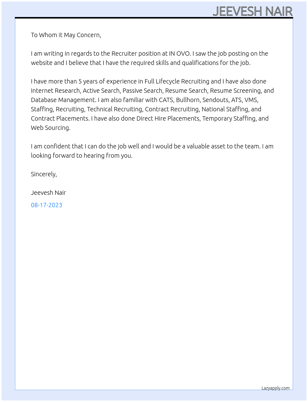 Recruiter At IN OVO Cover Letter