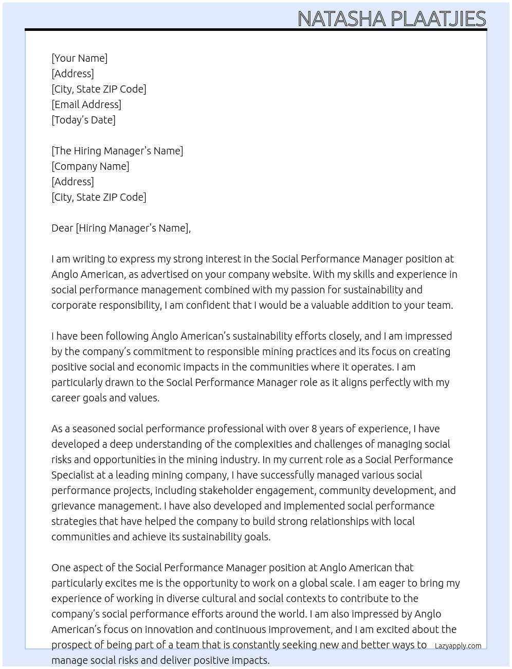 Social Performance Manager At Anglo American Cover Letter