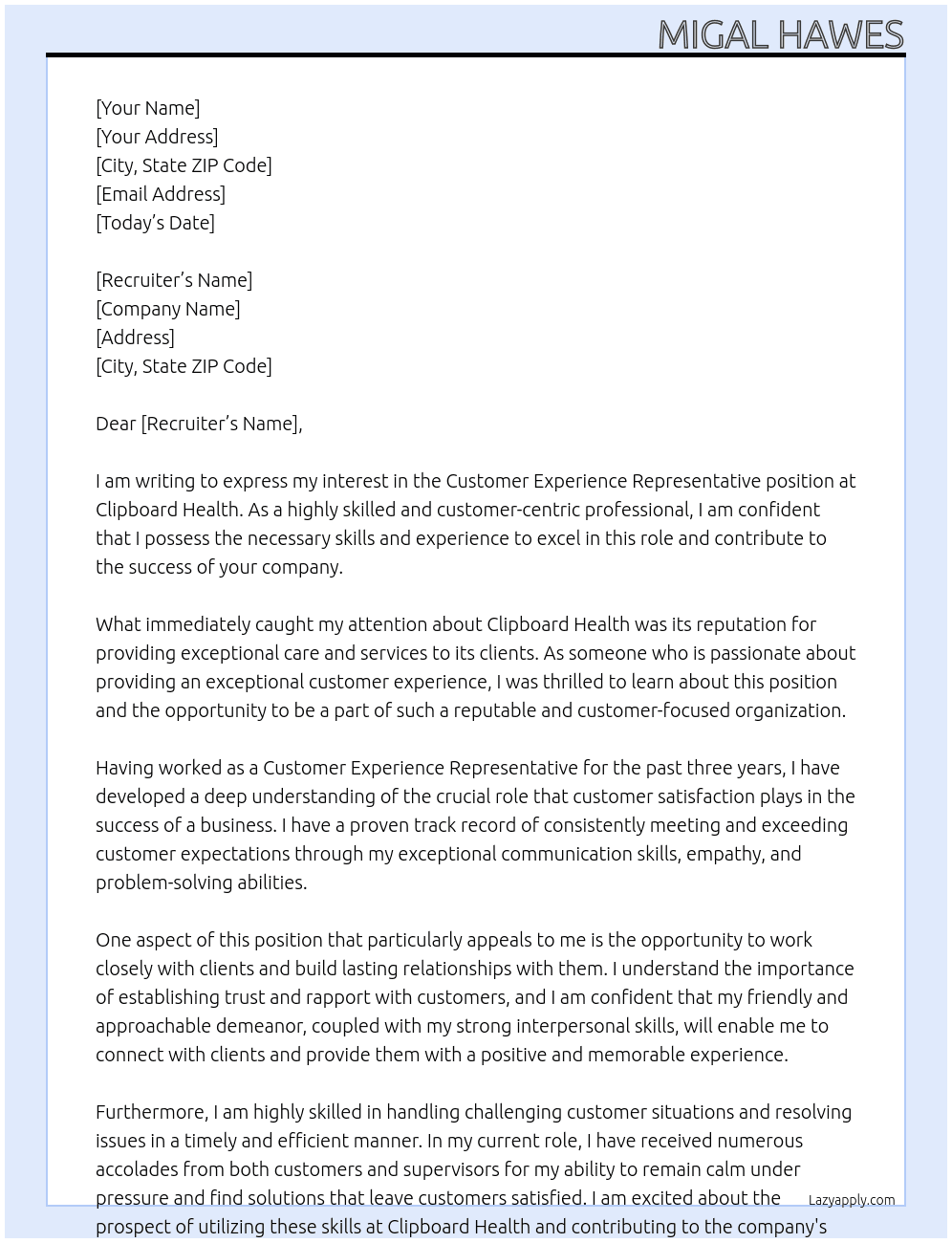 Customer experience representative  At Clipboard Health Cover Letter