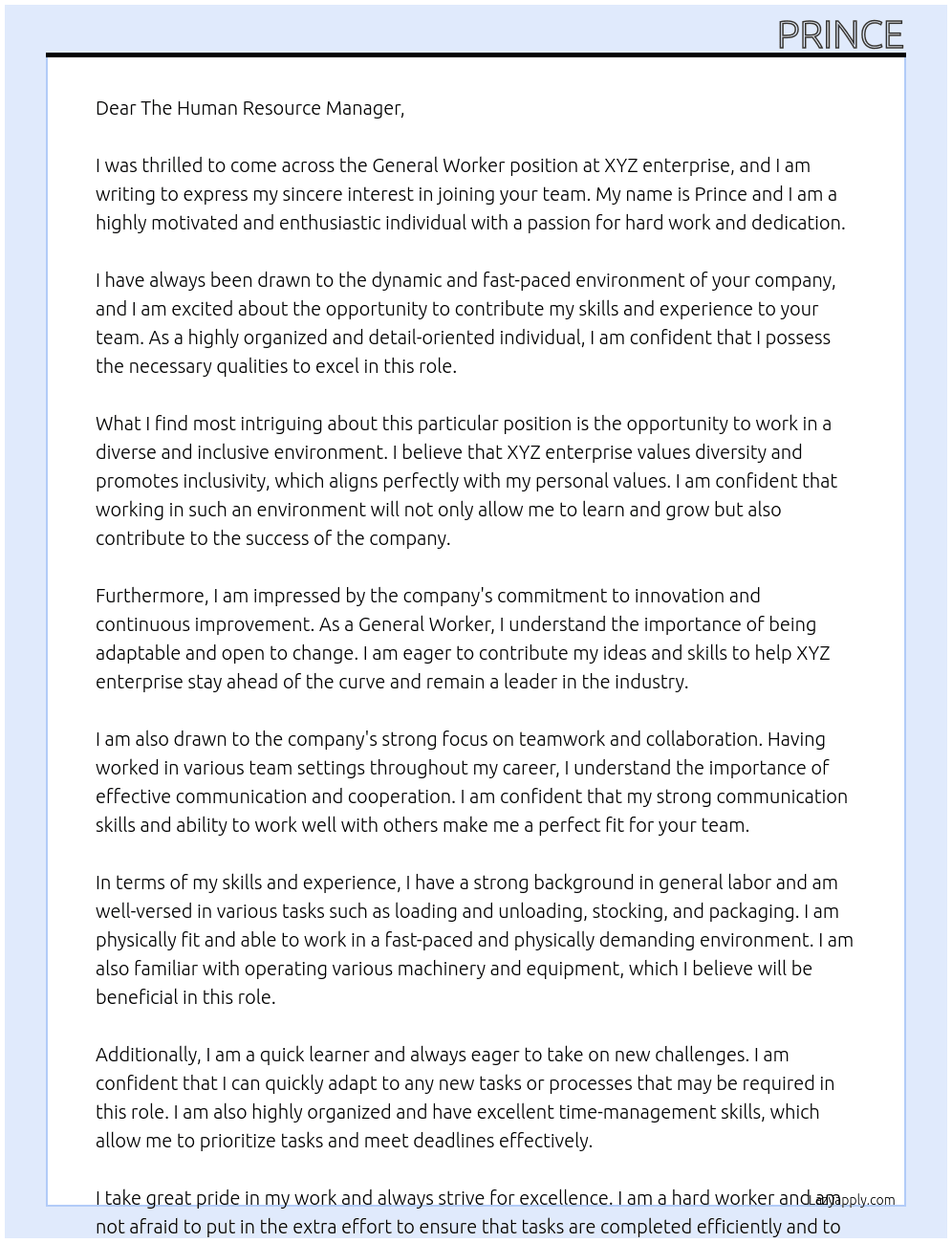 General worker At XYZ enterprise  Cover Letter