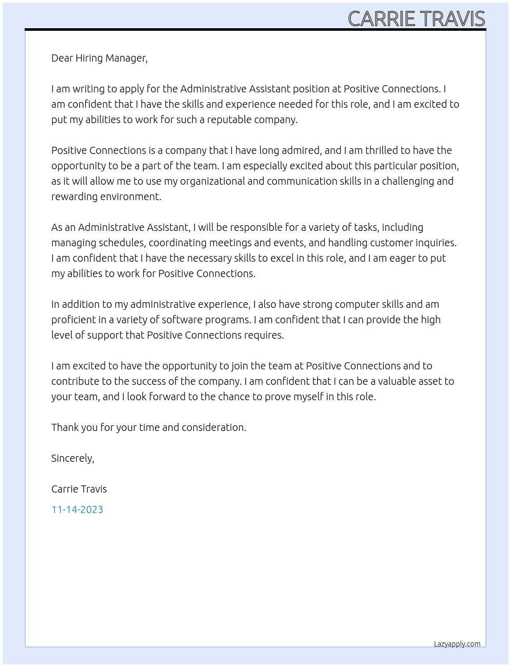 Administrative Assistant At Positive Connections Cover Letter