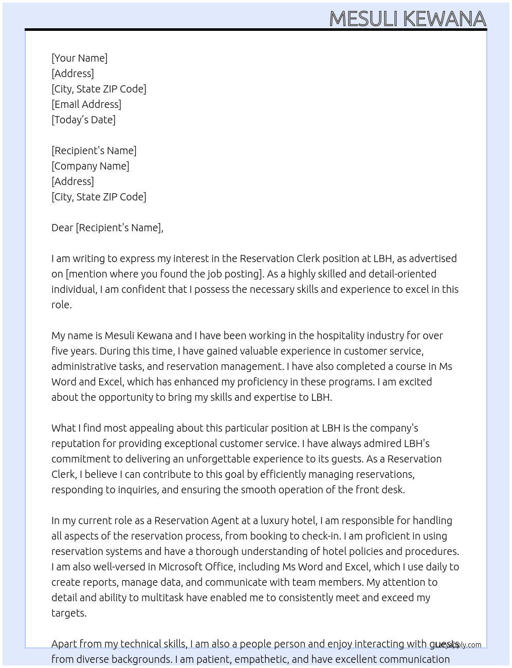 Reservation Clerk At LBH Cover Letter