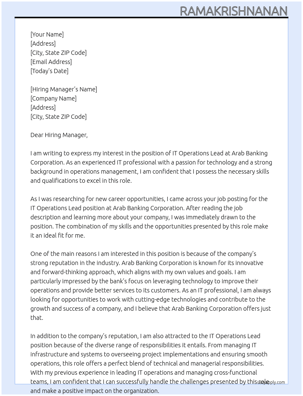 IT Operations Lead At Arab Banking Corporation Cover Letter