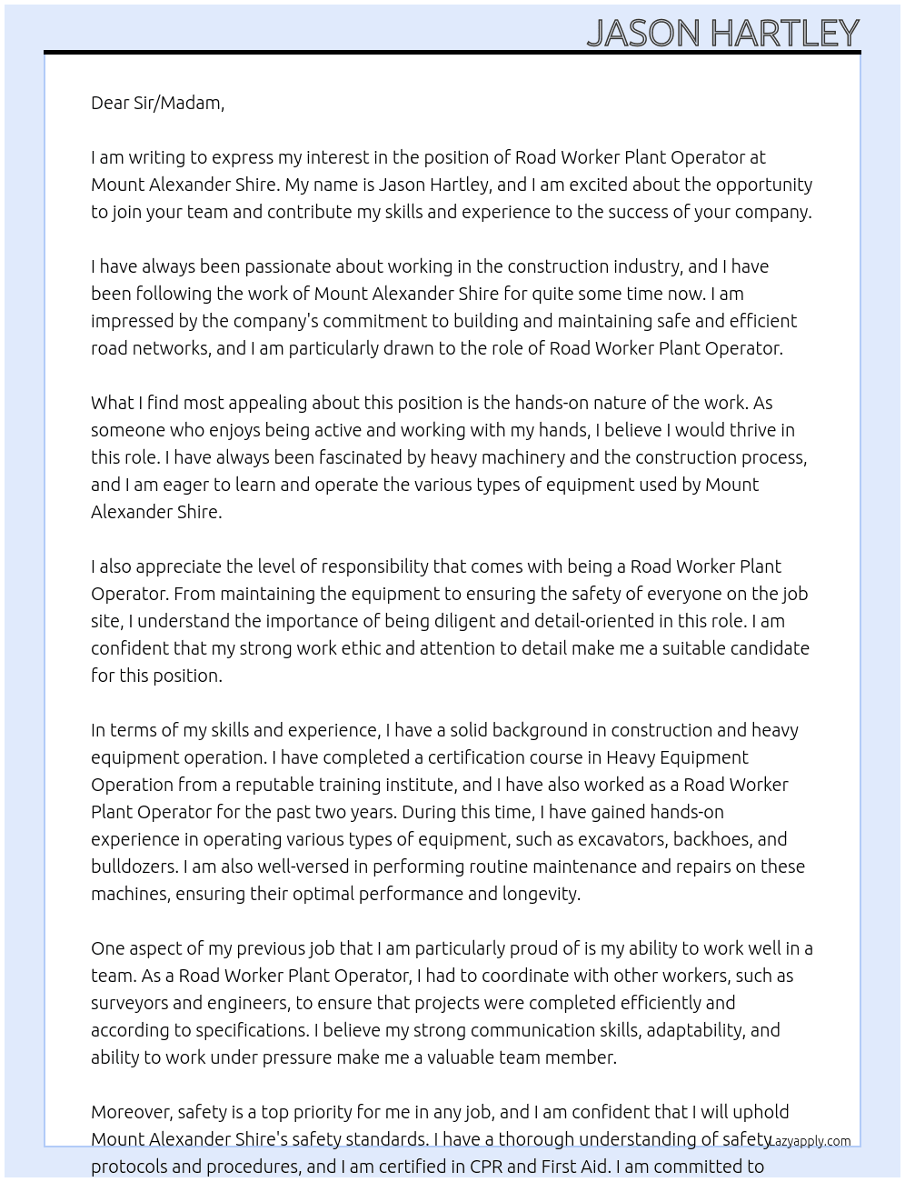 Road Worker Plant Operator At Mount Alexander Shire Cover Letter