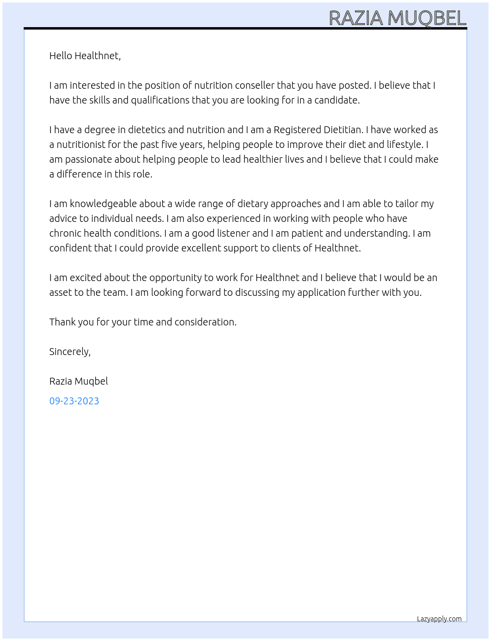 Nutration conseller At Healthnet Cover Letter