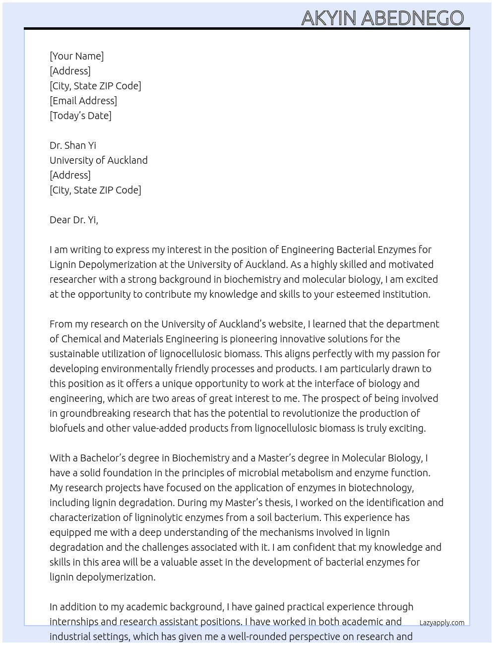 Engineering bacterial Enzymes for lignin depolymerization  At University of Auckland  Cover Letter