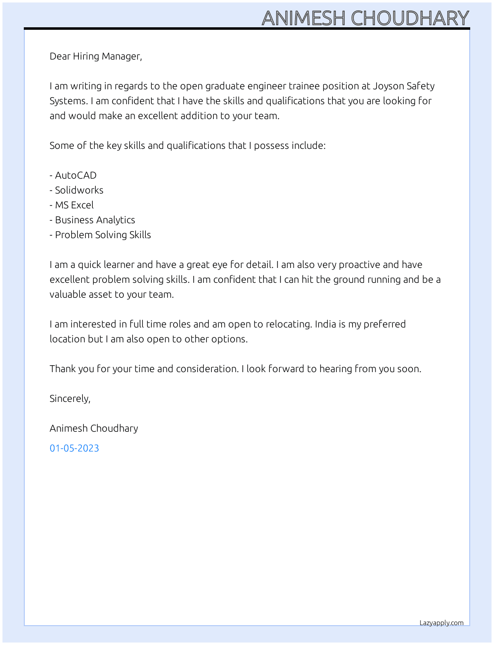 Graduate engineer trainee At Joyson safety system Cover Letter