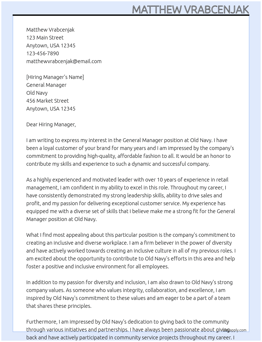 General Manager At Old Navy Cover Letter