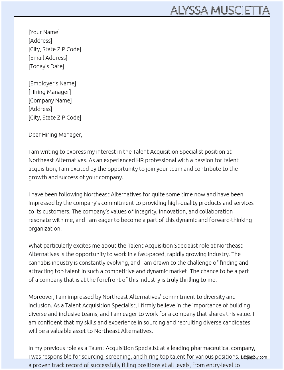 Talent Acquisition Specialist At Northeast Alternatives Cover Letter