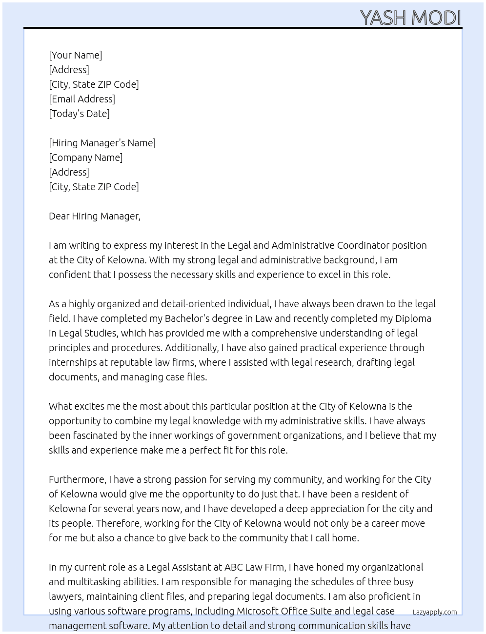 Legal and Administrative Coordinator  At City of Kelowna Cover Letter