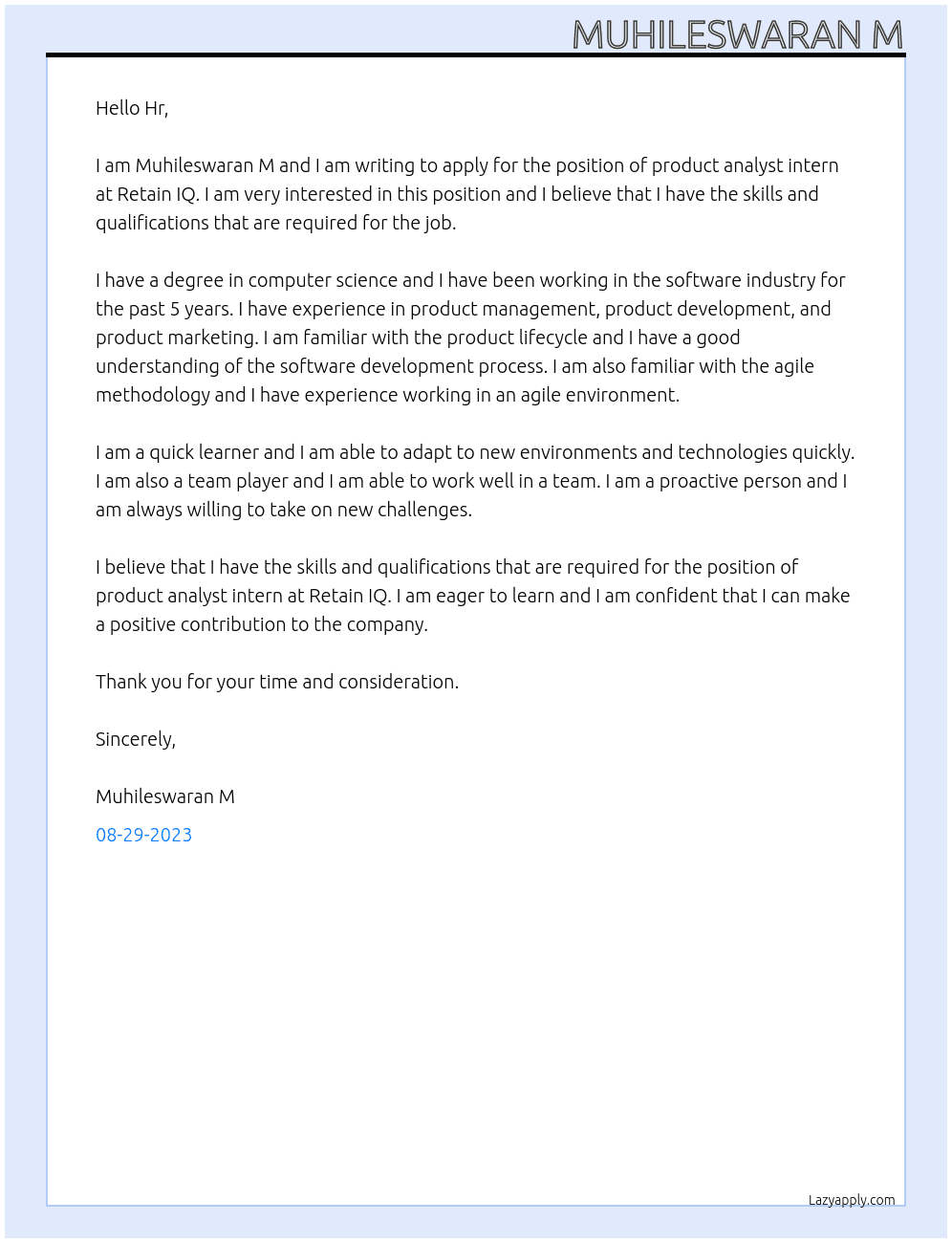 product analyst intern At Retain IQ Cover Letter