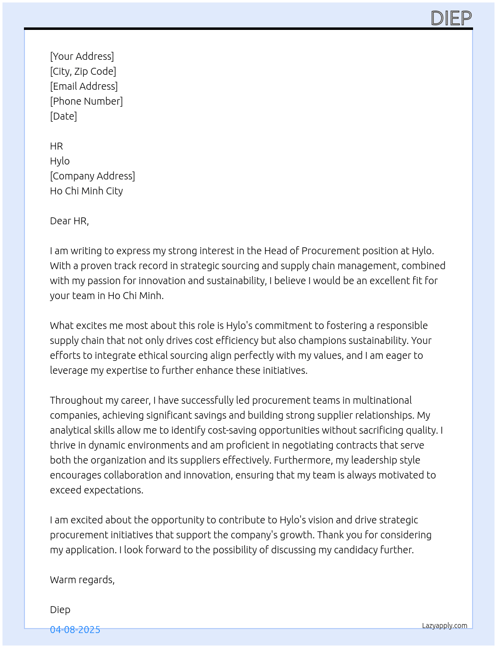 Head of Procurement  At Hylo Cover Letter