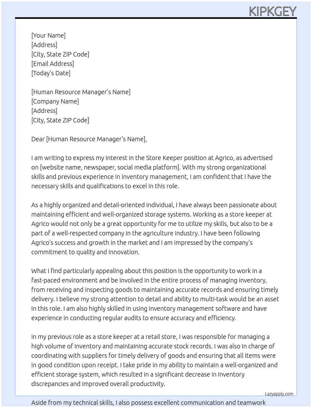 store keeper At Agrico Cover Letter