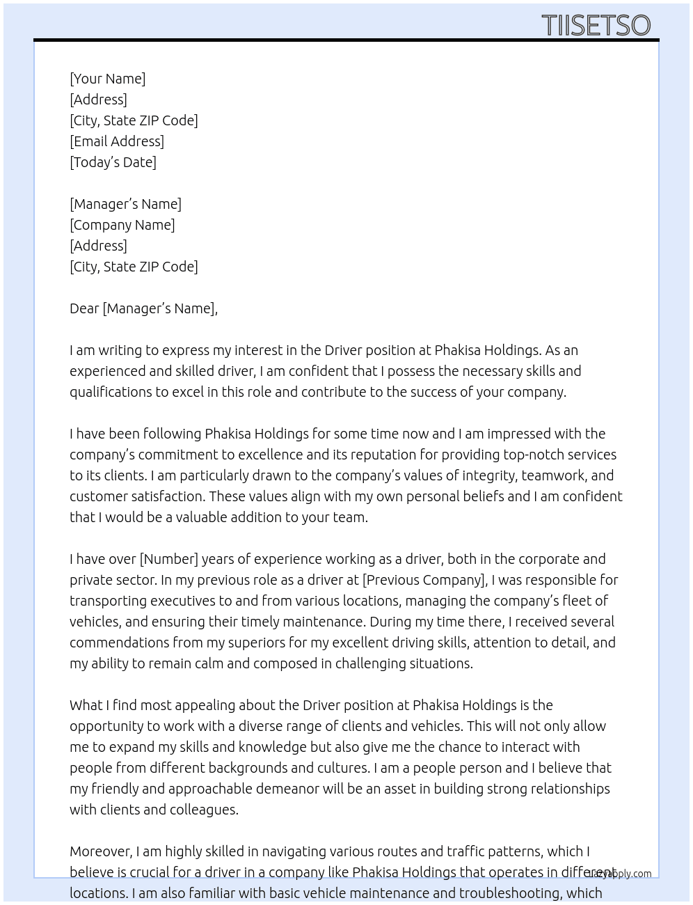 Driver  At Phakisa Holdings  Cover Letter