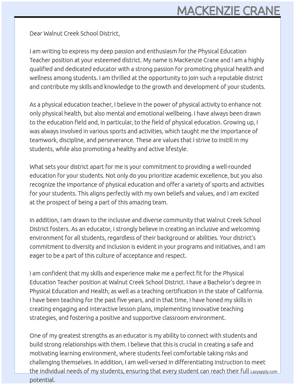 Physical Education Teacher At Walnut Creek School District  Cover Letter