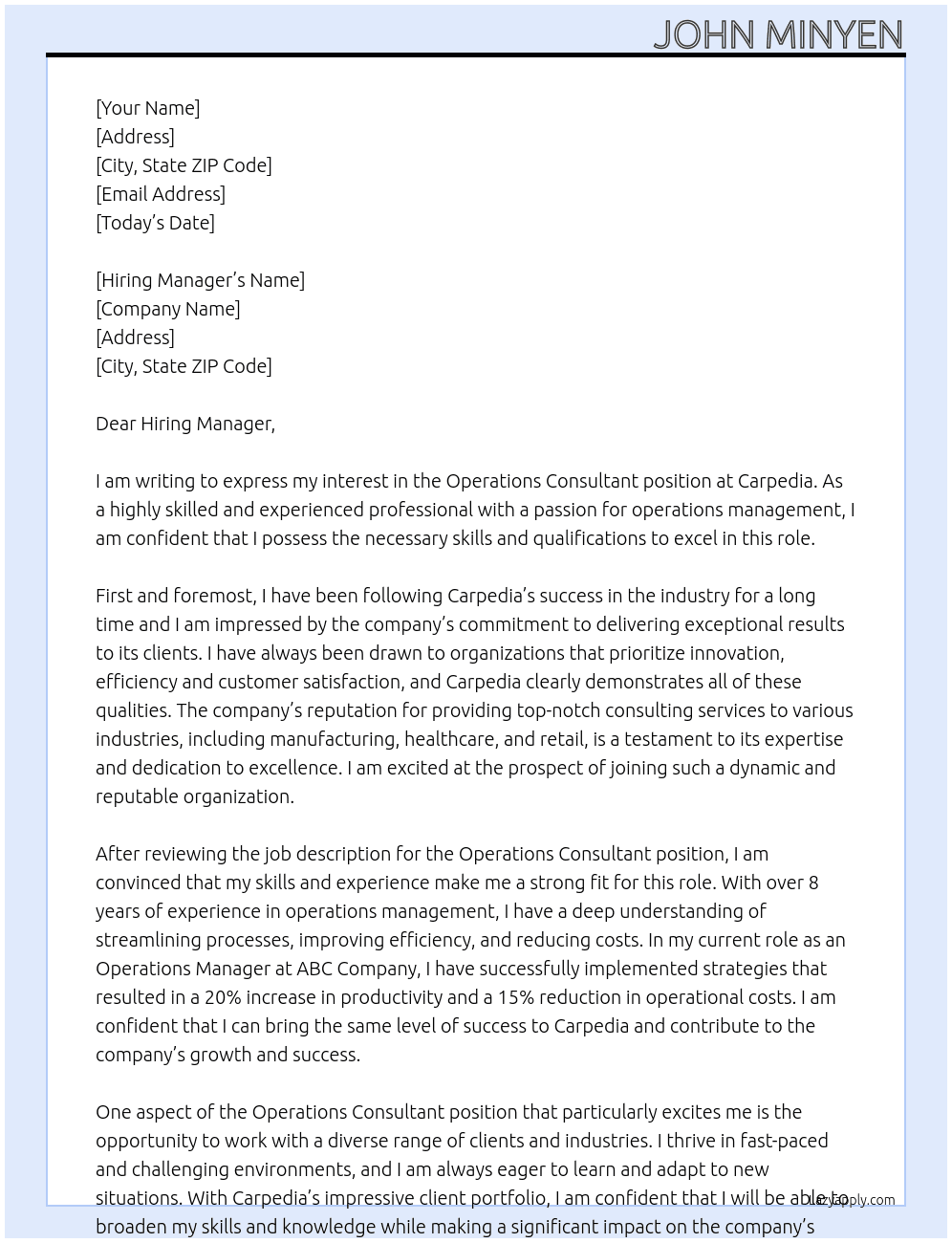 Operations Consultant At Carpedia Cover Letter