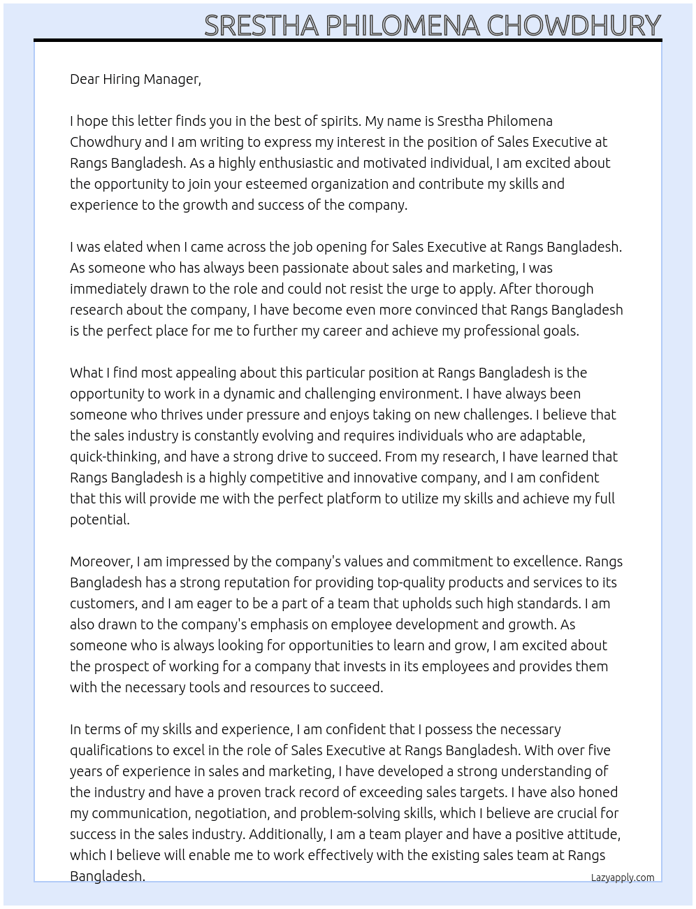 Sales executive  At Rangs bangladesh Cover Letter
