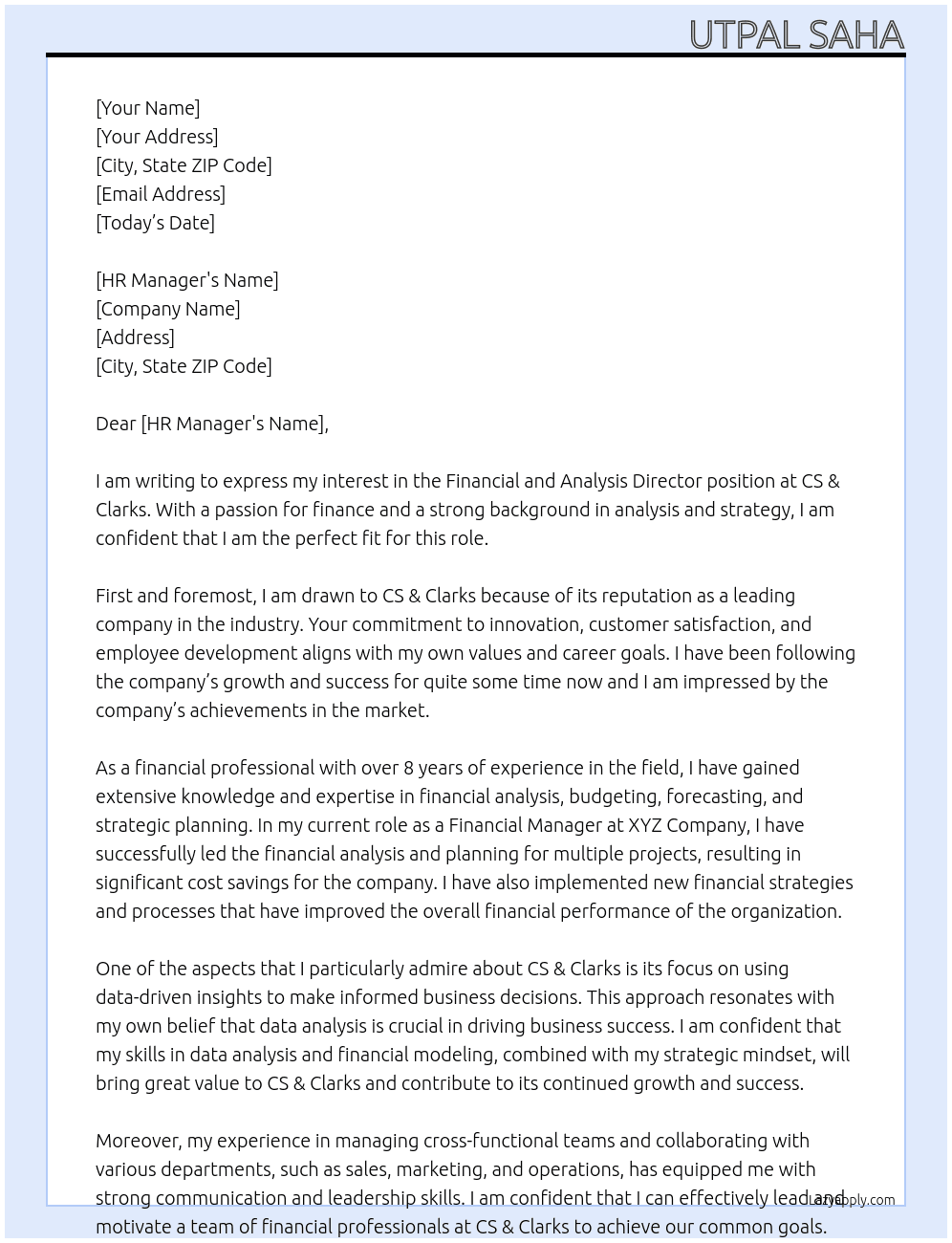 Financial and Analysis Director At CS & Clarks Cover Letter