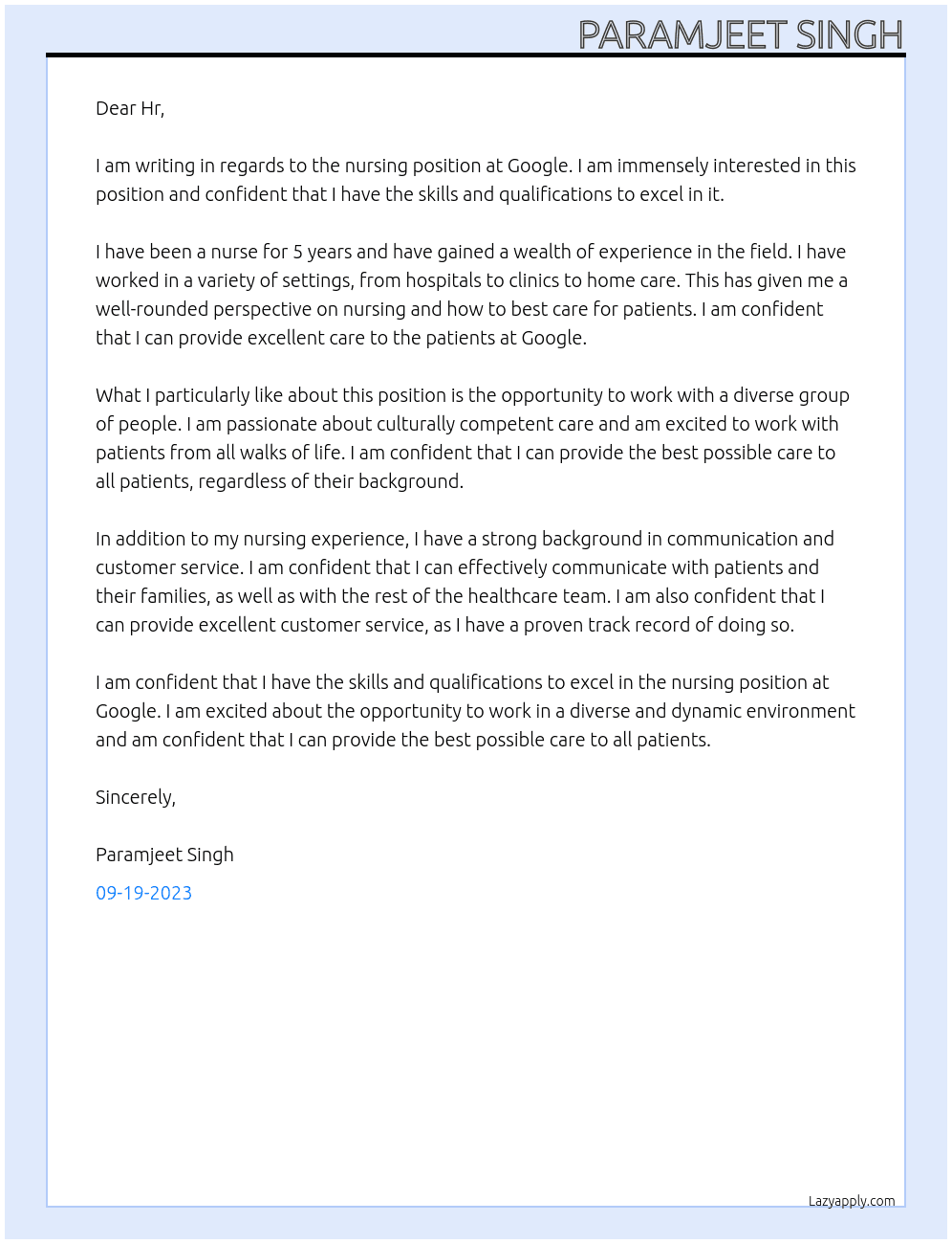 Nursing At Google  Cover Letter
