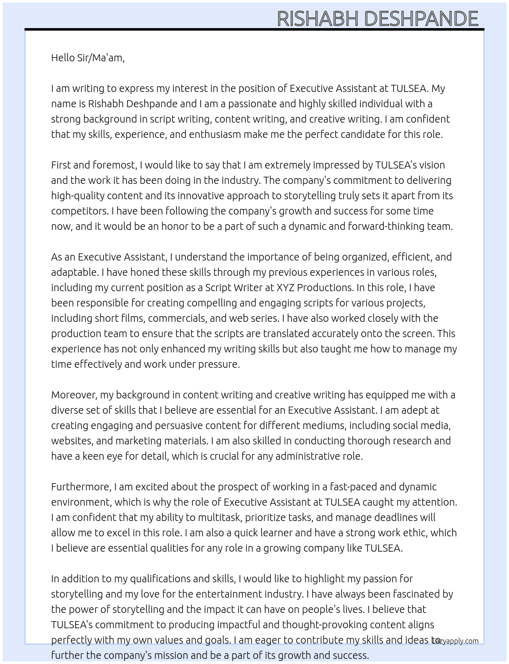 Executive Assistant  At TULSEA  Cover Letter