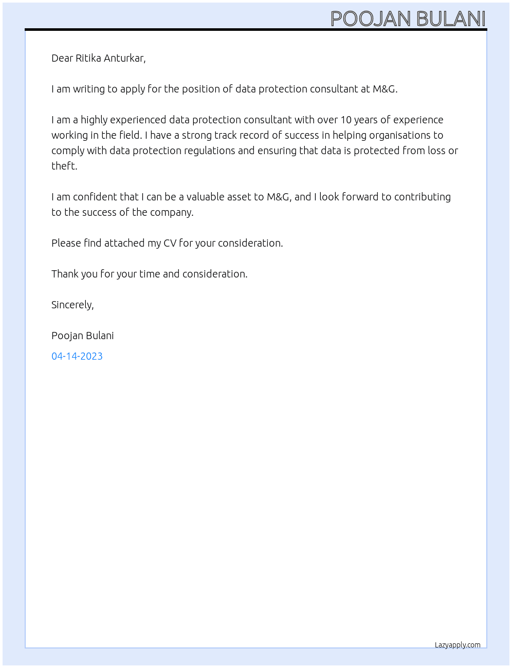 data protection consultant At M&G Cover Letter