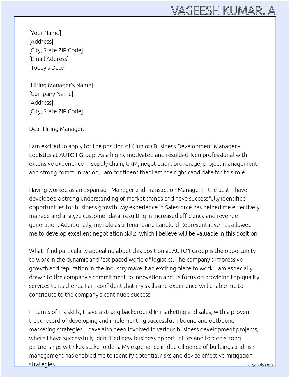 (Junior) Business Development Manager - Logistics  At AUTO1 Group Cover Letter