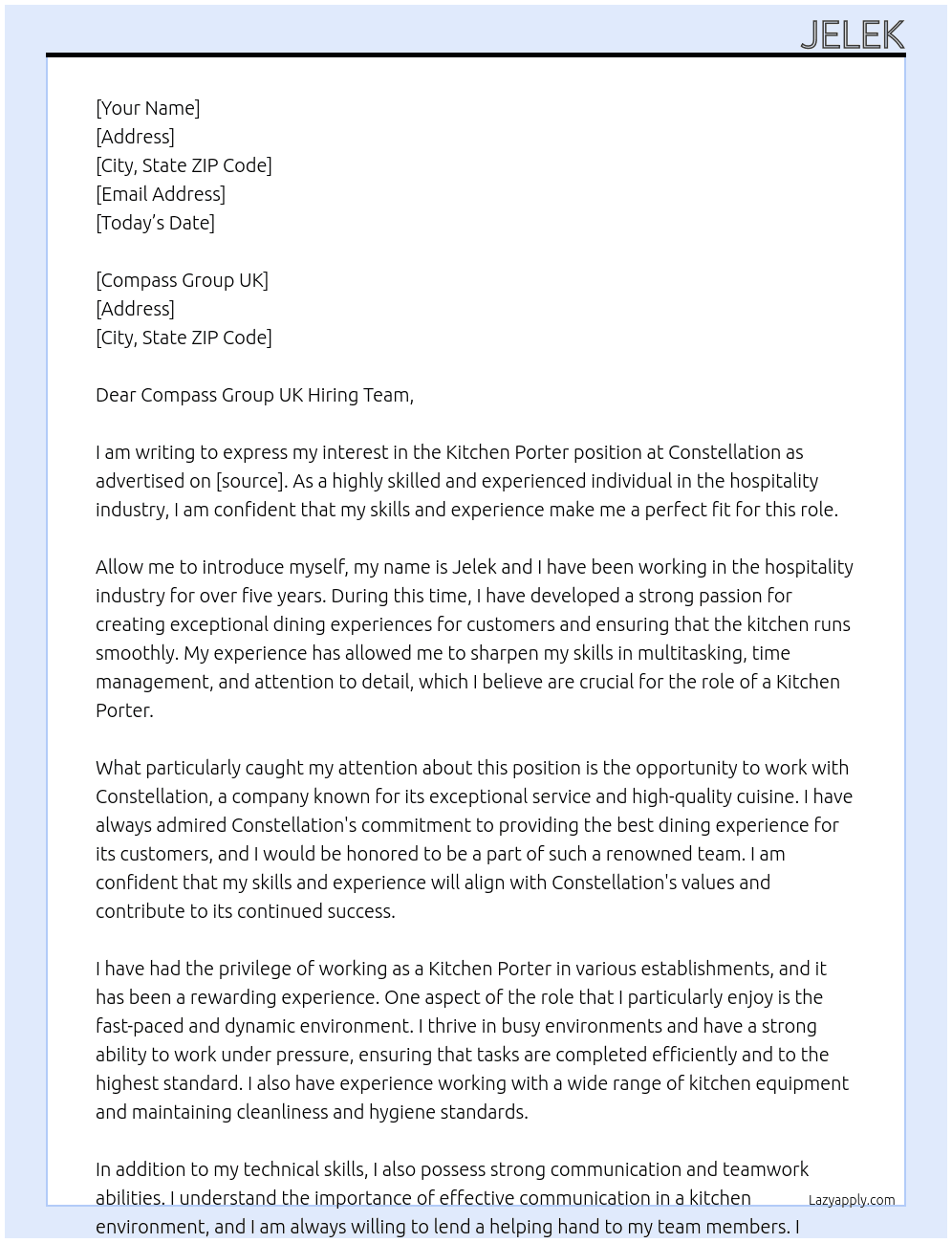 Kitchen porter At Constellation  Cover Letter