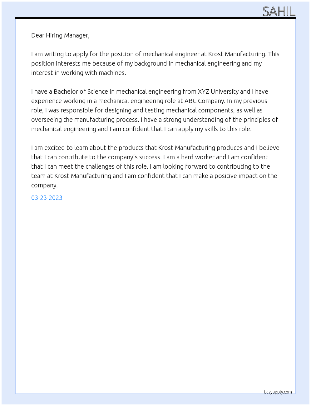 mechanical engineer At Krost Manufacturing Cover Letter
