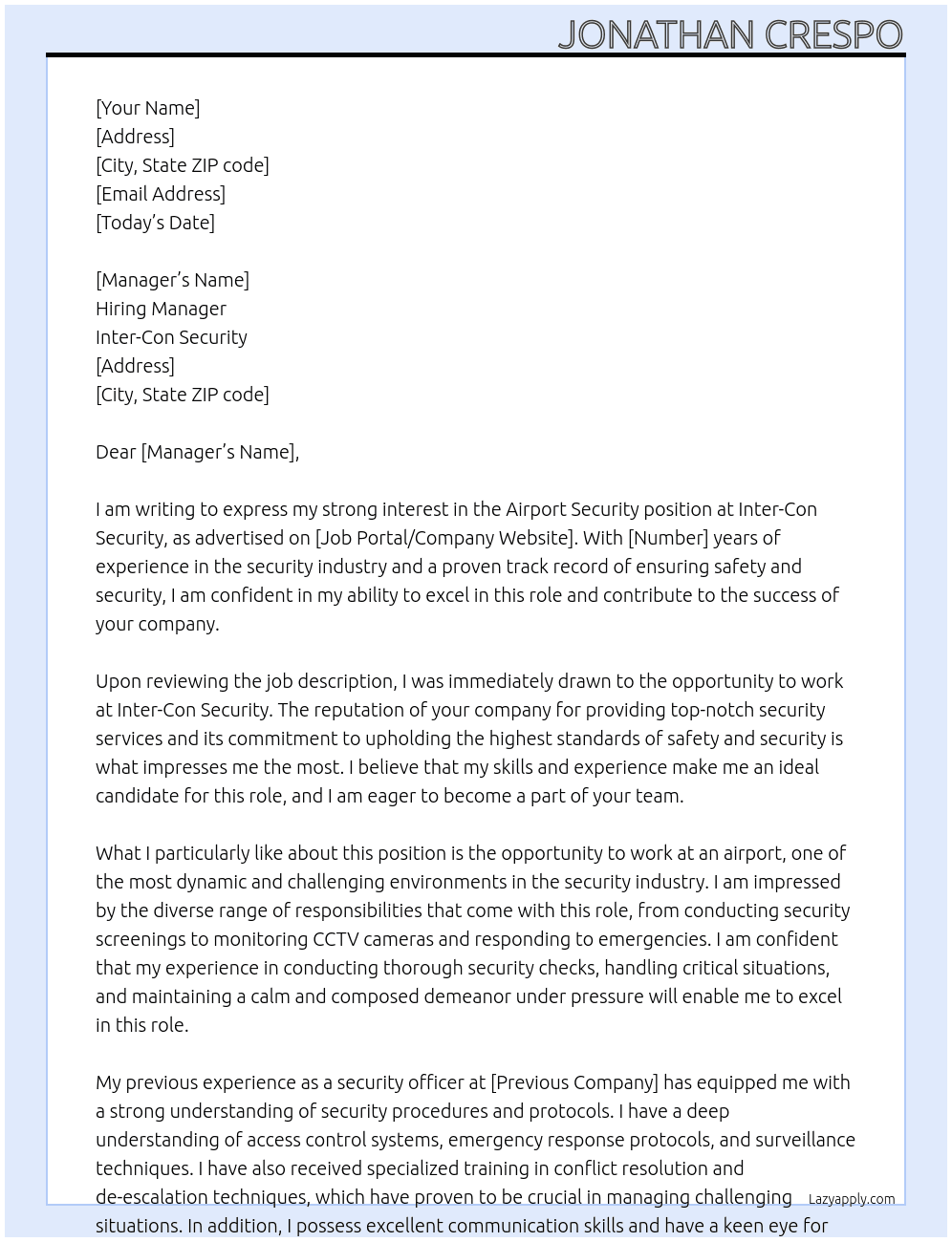 Airport Security At Inter-Con Security  Cover Letter