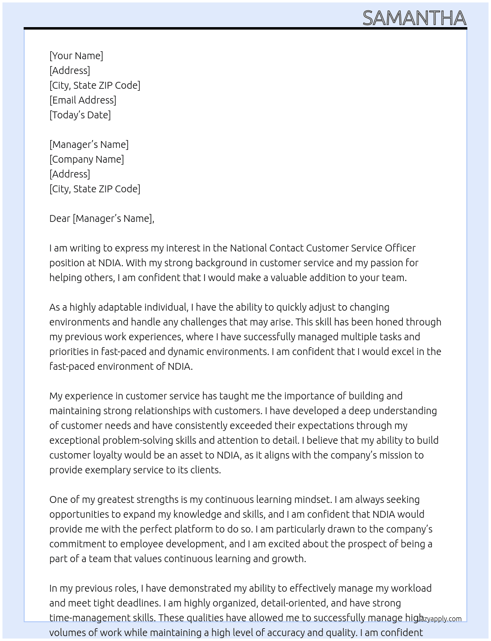 National Contact Customer Service Officer At NDIA Cover Letter