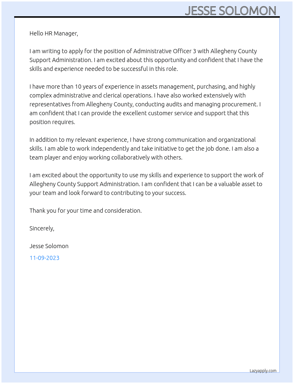 Administrative Officer 3 At Allegheny County Support Administration Cover Letter